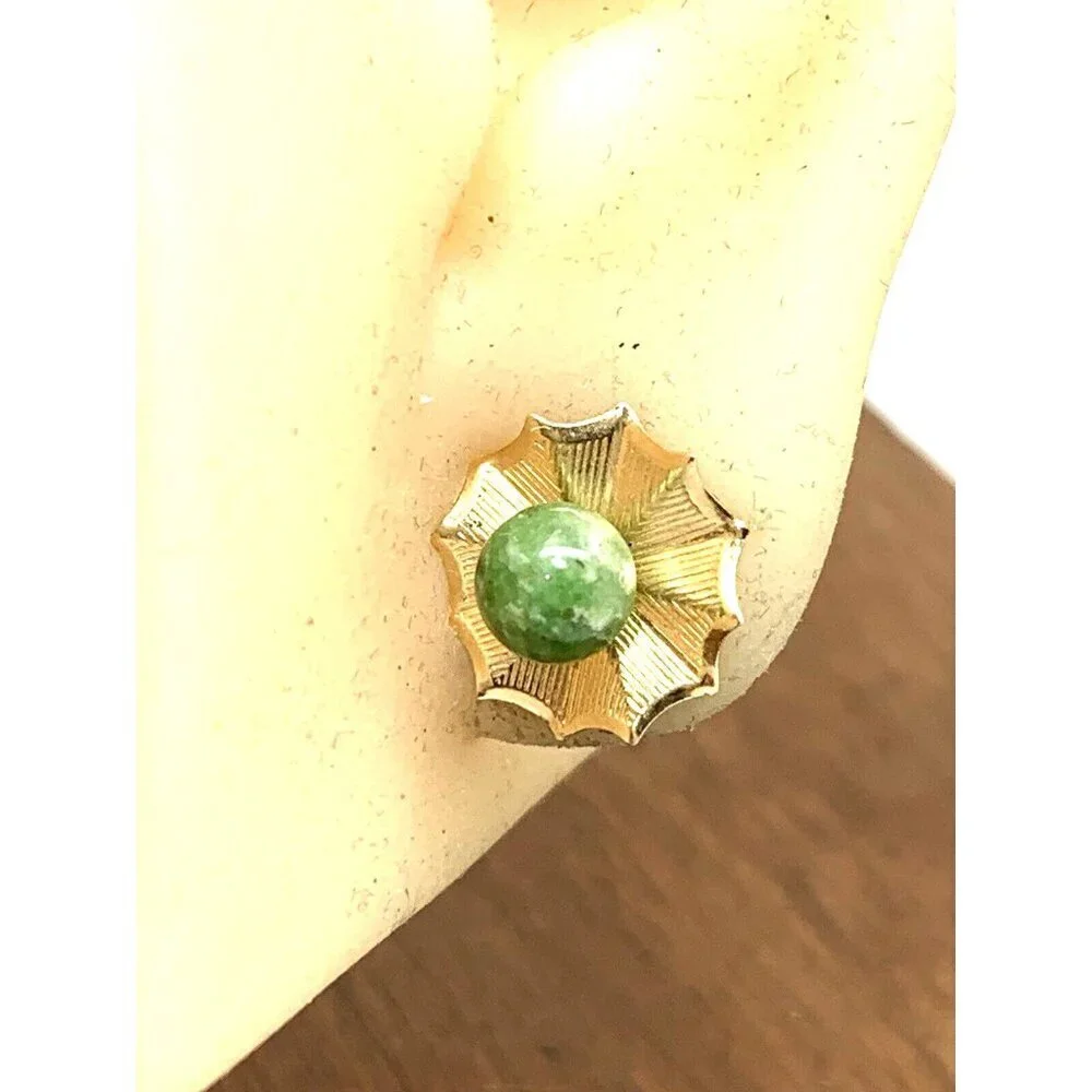 Earrings Pendant Set 14k Yellow Gold Green Gemstone 6mm Women's Estate Jewelry